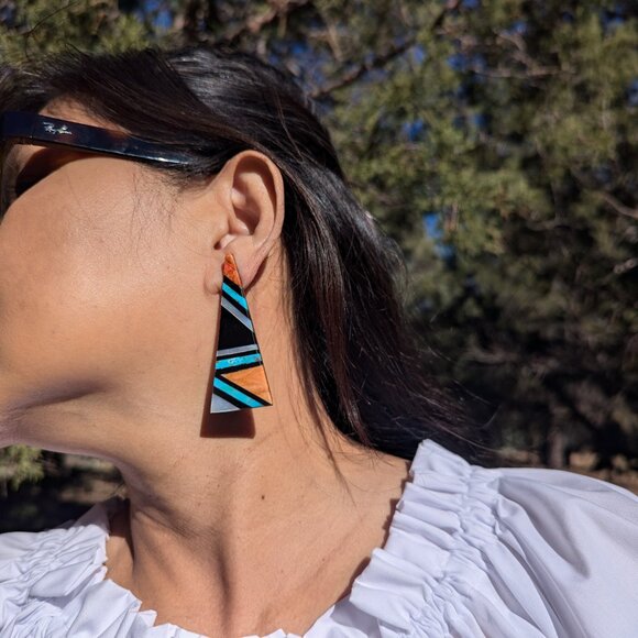 Native American Mosaic Dangle Earrings Handmade Inlay Jewelry Museum Quality** - Picture 4 of 10